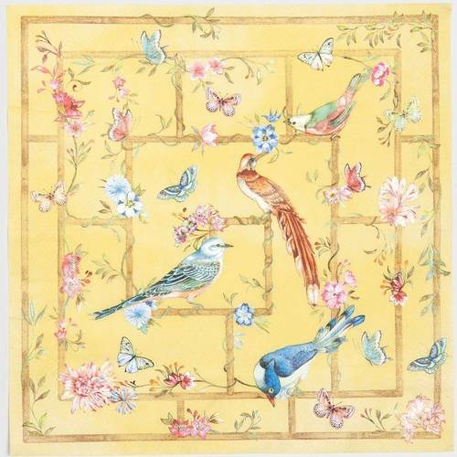 Serviette en papier motif coloré, dessins fleurs, oiseaux, papillons, branchages colorés sur fond doré 