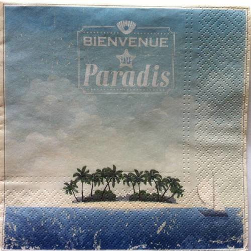Serviette en papier motif  ile déserte avec palmiers et voilier "bienvenue au paradis" 