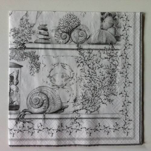 Serviette en papier motif dessin étagère avec objets divers (escargots, oursins, coquillage,corail...) 