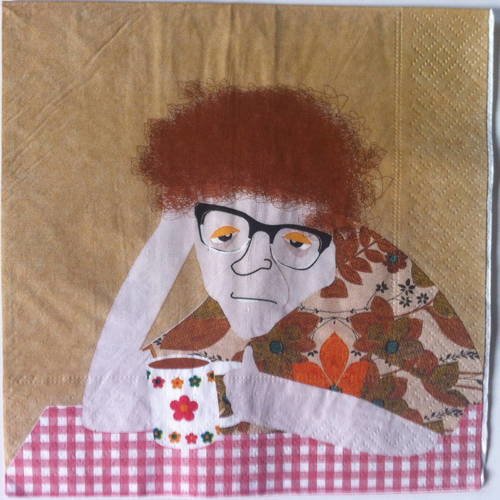 Serviette en papier motif dessin femme fatiguée devant sa tasse à café ! 