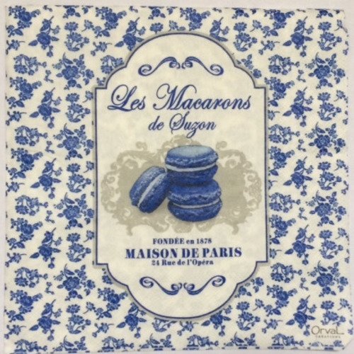 Serviette en papier motif macarons bleus dans médaillon "les macarons de suzon" 24 rue de l'opéra maison de paris" sur 