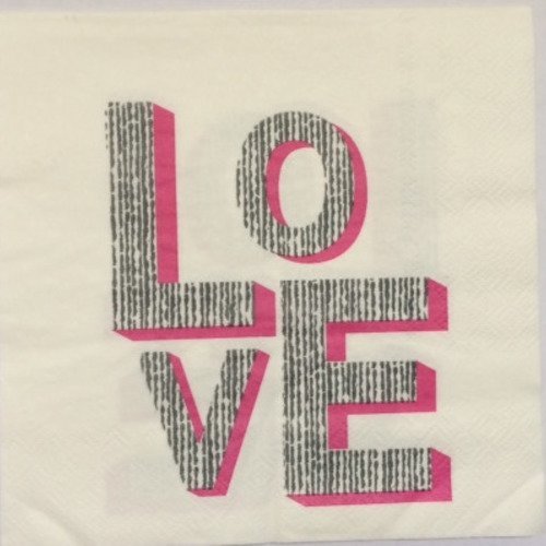 Serviette en papier motif "love" avec un graphisme rose et gris 