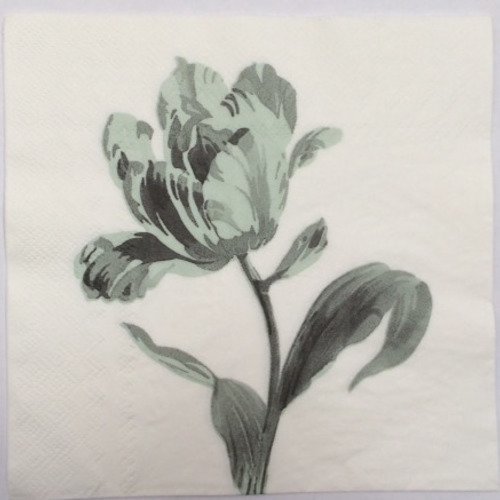 Serviette en papier motif jolie fleur camaieu de vert et de gris sur fond blanc