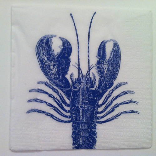 Serviette en papier motif haut (tête et pinces) de homard bleu sur fond blanc 