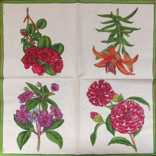 Serviette en papier motif 4 jolies fleurs colorées - une fleur différente par face 