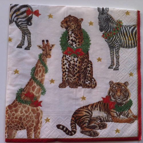 Serviette en papier motif animaux sauvages noël (girafe, tigre, zèbre, léopard) 