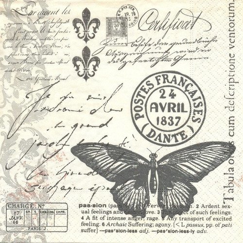 Serviette en papier motif papillon sur fond de courrier, timbre poste