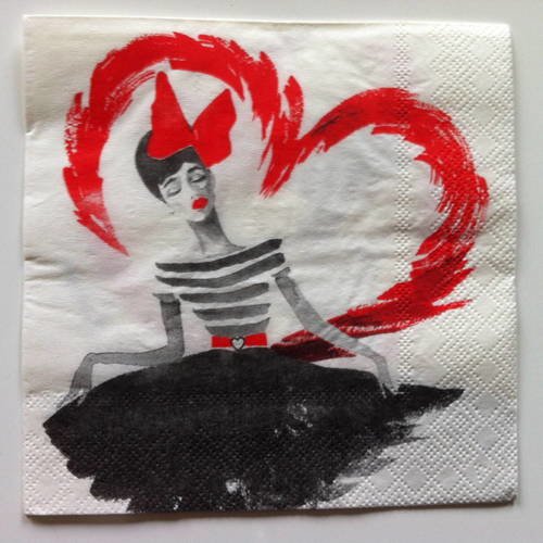Serviette en papier motif 2 femmes stylisées dans des grands coeurs rouges "parle moi d'amour" 