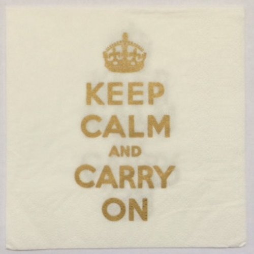 Serviette en papier petit format motif "keep calm and carry on" or sur fond blanc 