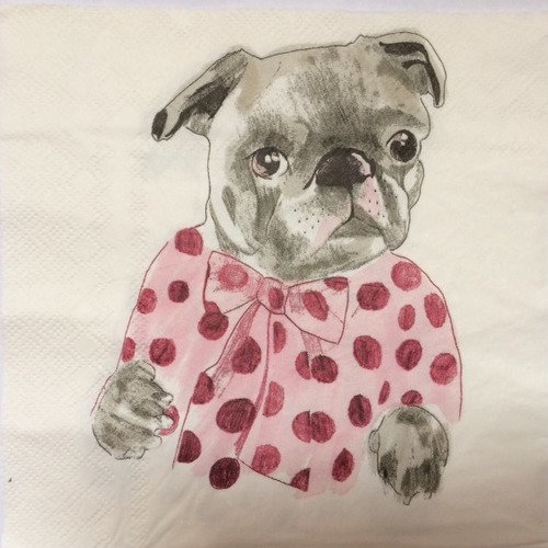 Serviette en papier motif chien bouledogue dessiné avec chemise rose à pois 