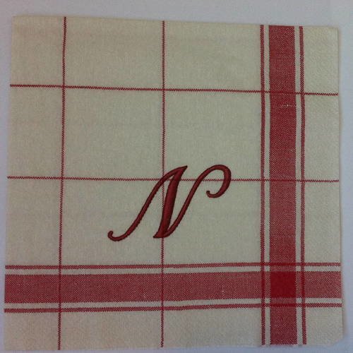 Serviette en papier motif tissus rayé rouge style torchon avec monogramme "n" effet torchon