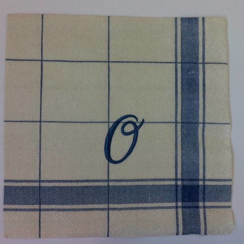 Serviette en papier motif tissus rayé bleu style torchon avec monogramme "o" 