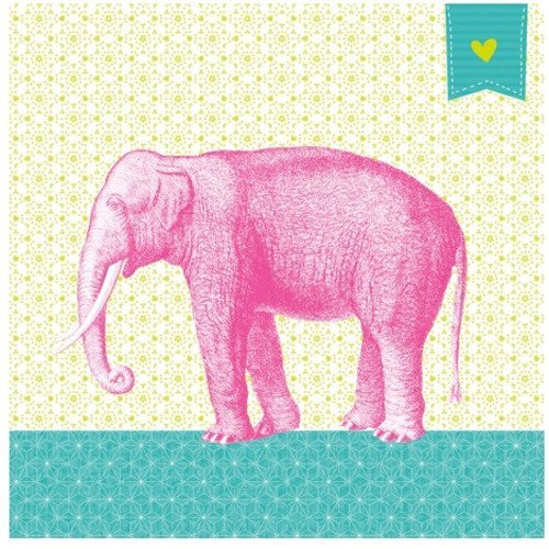 Serviette en papier éléphant rose sur fond bleu turquoise et vert