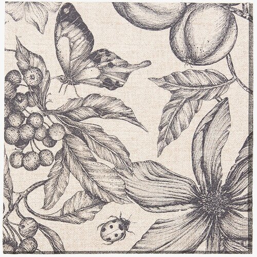 Serviette en papier motifs feuillage, fleurs papillons, coccinelle et fruits