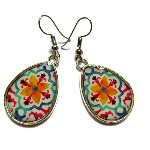 Boucles d'oreilles pendantes, boucles gouttes, fleur orange, fleur, motifs indiens, arabesques, jaune, multicolore ethnique, cabochon verre