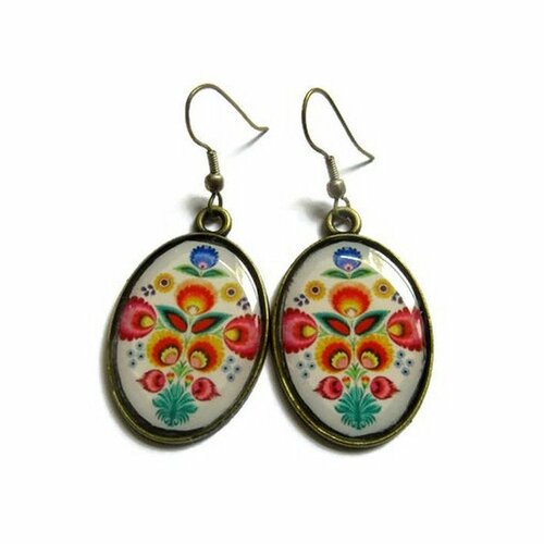 Boucles d'oreilles pendantes, boucles ovales, motifs fleurs multicolores, bijoux fleurs, bohemien, multicolore, ethnique, hippie