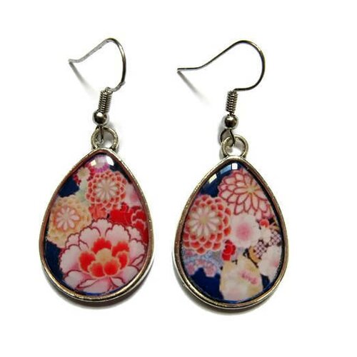 Boucles d'oreilles pendantes, boucles gouttes, motifs japonais, fleurs, sakura, bijoux fleurs, bleu, multicolore, ethnique, cabochon