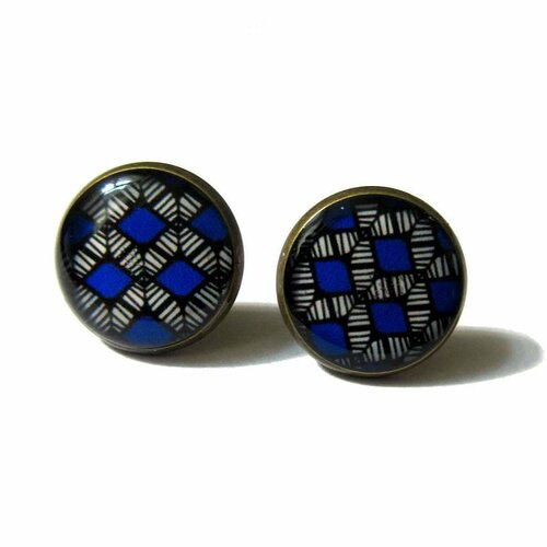 Boucles d'oreilles puces motif ethnique bleu et noir, africain, motif géométrique, graphique