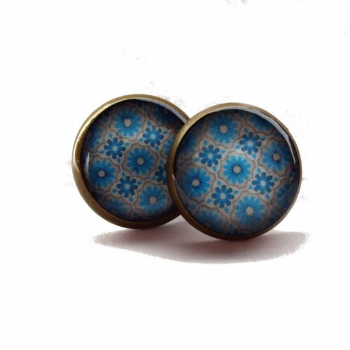 Boucles d'oreilles puces motif marocain bleu, motif géométrique, graphique, géométrique, fleurs bleues, cabochon verre
