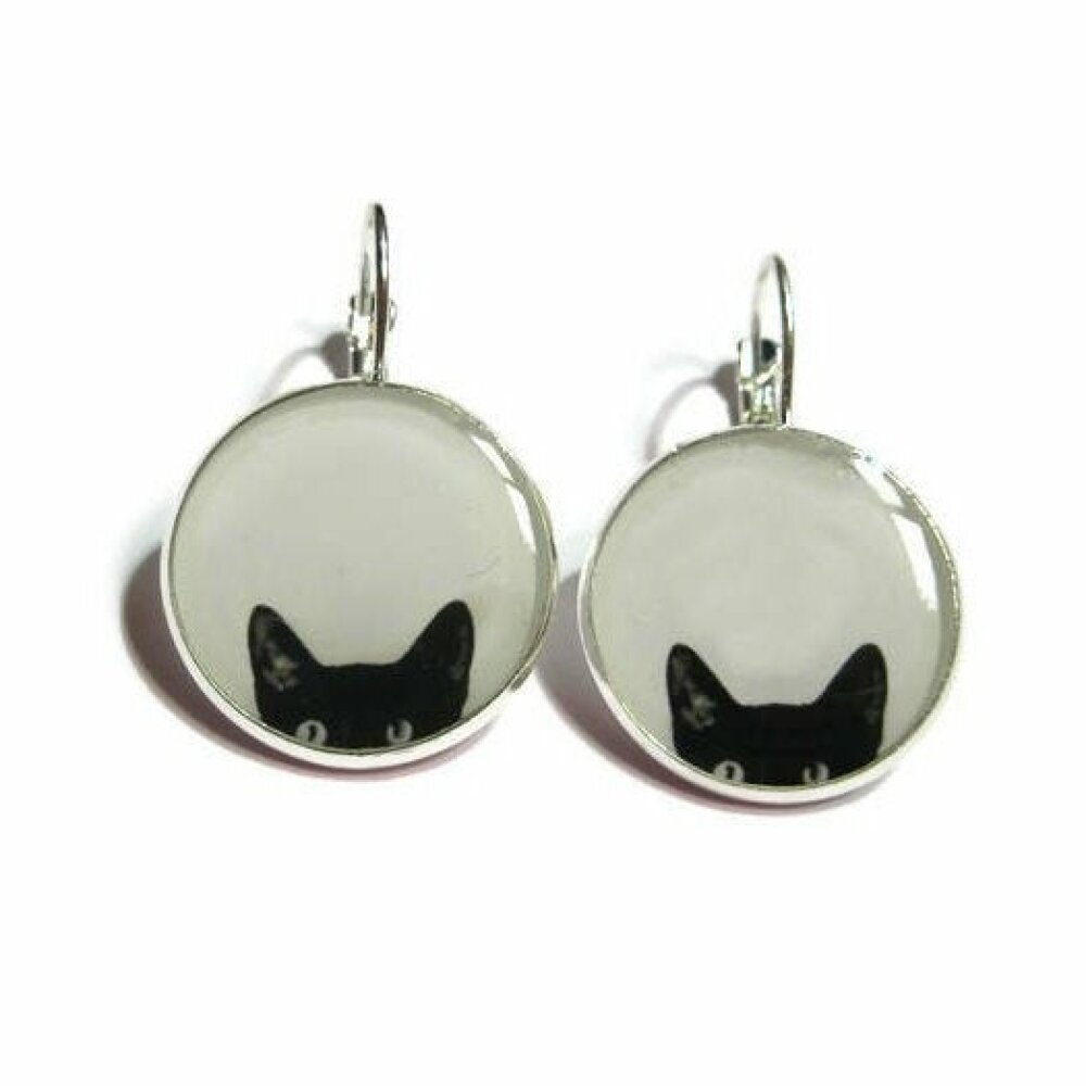 Boucles d'oreilles chat noir & blanc en porcelaine