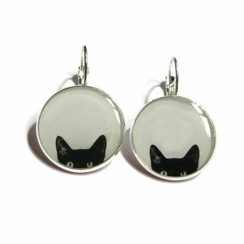 Boucles d'oreilles chat noir, chat guetteur, noir, blanc, amusant, animal,  bijoux chaton, cabochon - Un grand marché