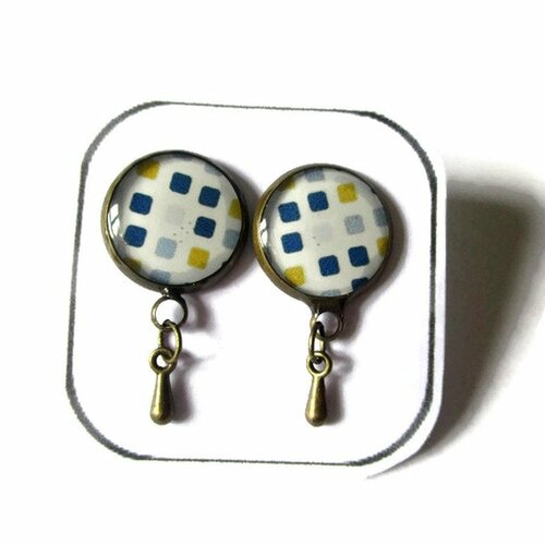 Boucles d'oreilles motif geometrique - motif losanges multicolores - bijoux géométriques - tons bleus - bijoux minimaliste
