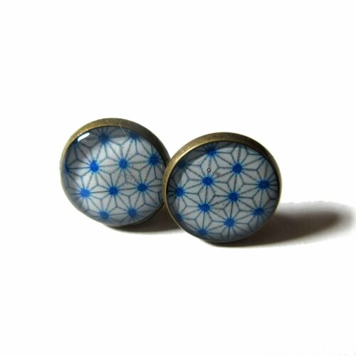 Boucles d'oreilles motif japonais bleu, étoiles graphiques bleues et blanches, ethnique, motif géométrique, 