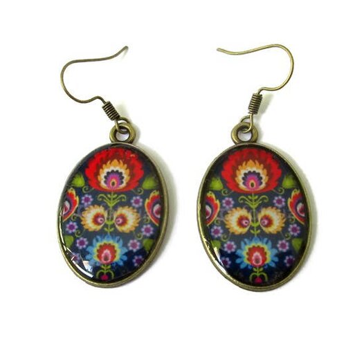 Boucles d'oreilles pendantes, boucles ovales, motifs russe, fleurs multicolores, bijoux fleurs, bohemien, multicolore, ethnique, hippie