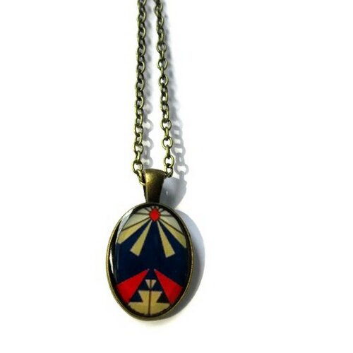 Collier oval motif ethnique bleu et rouge, collier hippie, motif aztec, sautoir bleu et rouge, géométrique, minimaliste, simple, cabochon