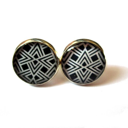 Boucles d'oreilles puces motif ethnique noir blanc, azteque, ethnique, motif géométrique, tribal, noir et blanc,cabochon verre