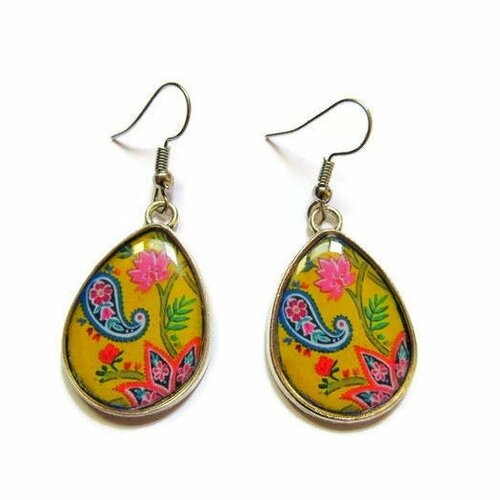 Boucles d'oreilles pendantes, boucles gouttes, motifs indiens, paisley, arabesques, jaune, multicolore, rose ethnique, cabochon verre