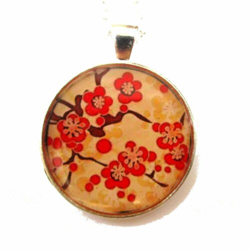 Collier sakura sautoir petites fleurs rouges, nature, japon,