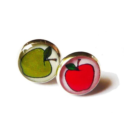 Boucles d'oreilles pommes, rouge, vert, blanc, bijou pomme, boucles d'oreille fruit, insolite, pomme rouge, cabochon verre