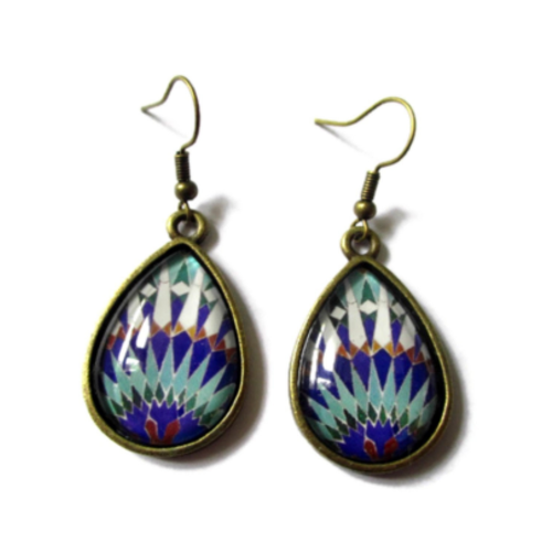 Boucles d'oreilles pendantes, boucles gouttes, motifs géométrique, mosaïque, arabesques, bleu