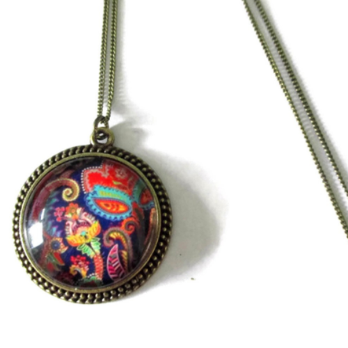Collier motif multicolore, motif indien, pendentif multicolore, colllier paisley, inde