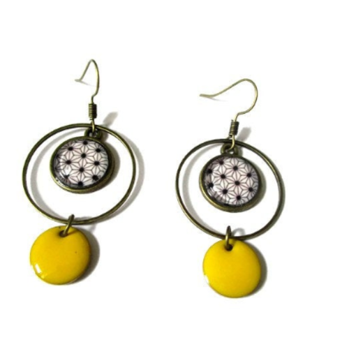 Boucles d'oreilles créoles, anneaux, motif style japonais, email jaune, boucles pendantes