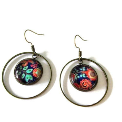 Boucles d'oreilles créoles, anneaux, motif depareillé, motif ethnique,multicolore, boucles pendantes