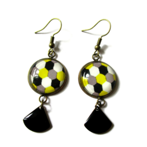 Boucles d'oreilles hexagones jaunes noirs et gris émail noir.