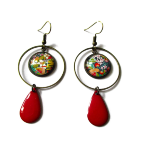 Boucles d'oreilles dépareillées créoles d'été motif floral multicolore, couleur flashy, email rouge, 