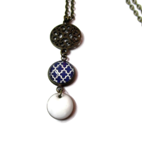 Collier bleu, bijoux bleus, email blanche, sautoir motif géometriques