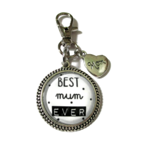 Porte clé "best mum ever", noir et blanc, pois, cadeau fête des mères