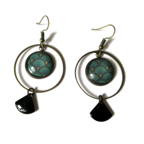 Boucles d'oreilles créoles, anneaux, motif style boheme, email noir, boucles pendantes arabesques
