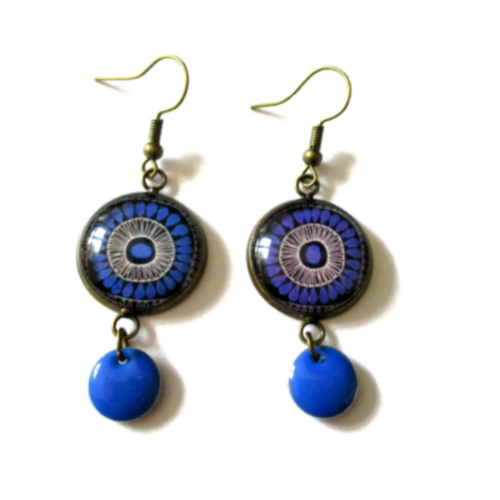 Boucles d'oreilles mandala africain bleu et émail bleu, boucles pendantes motif geometrique