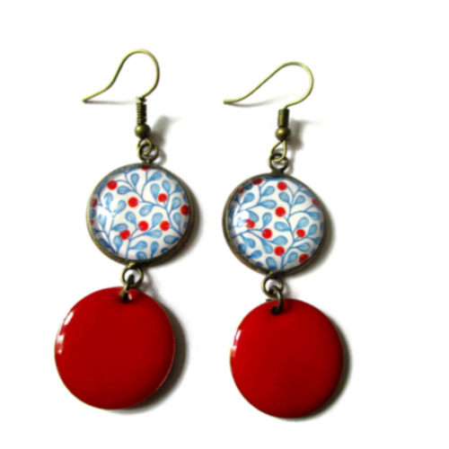Boucles d'oreilles motif feuillage et fleur rouge et émail rouge, boucles pendantes