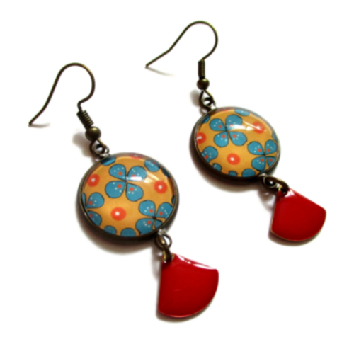 Boucles d'oreilles oranges, motif floral, email rouge