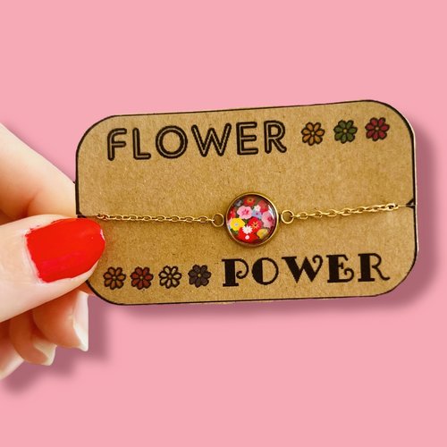 Bracelet fleurs colorées liberty sur fond vert, acier inoxydable