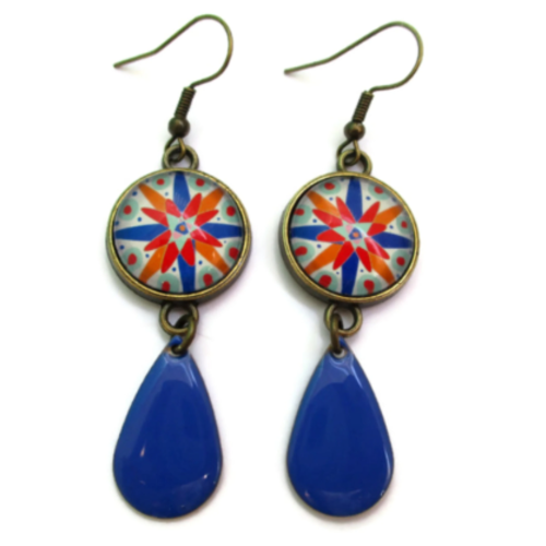 Boucles d'oreilles multicolores, motif géométrique abstrait, email bleu