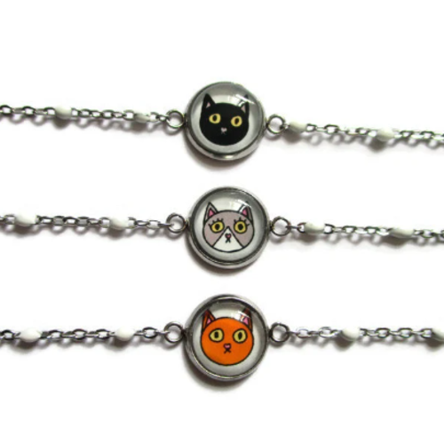Bracelet acier inoxydable chat noir, roux ou gris, chat guetteur