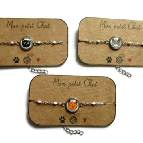 Bracelet acier inoxydable chat noir, roux ou gris, chat guetteur