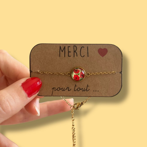 Bracelet acier inoxydable coquelicots rouges, merci pour tout, cadeau remerciement